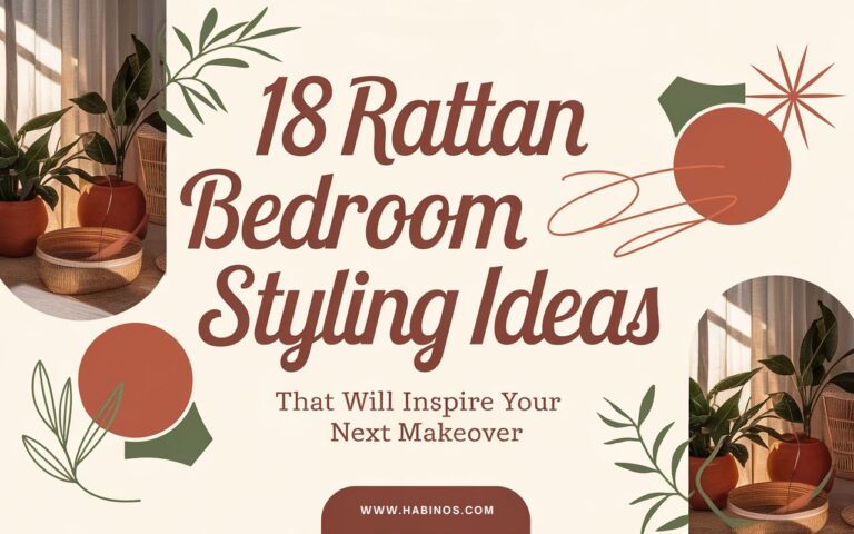 Text reads “18 Rattan Bedroom Styling Ideas” with a warm, earthy design. Includes plant images, abstract shapes, and the site URL "habinos.com".
