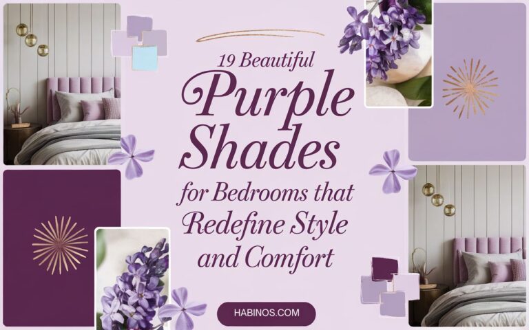 Collage showcasing various purple shades for bedroom decor. Text reads "19 Beautiful Purple Shades for Bedrooms that Redefine Style and Comfort." Features floral accents and cozy bedroom images, conveying elegance and tranquility.