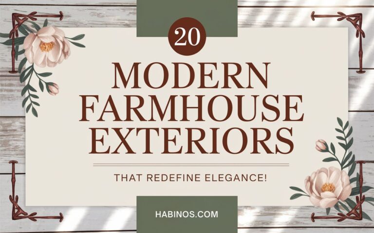 Elegant graphic with "Modern Farmhouse Exteriors" text in bold brown, surrounded by soft floral designs with leaves, evoking rustic charm.