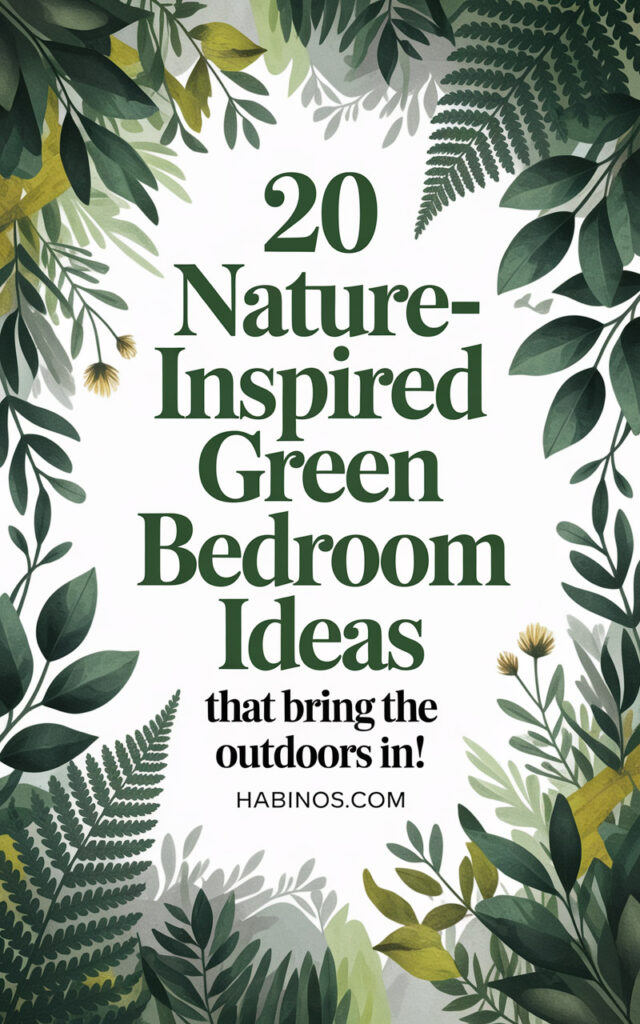 Leafy border frames bold green text reading "20 Nature-Inspired Green Bedroom Ideas that bring the outdoors in!" against a white background.