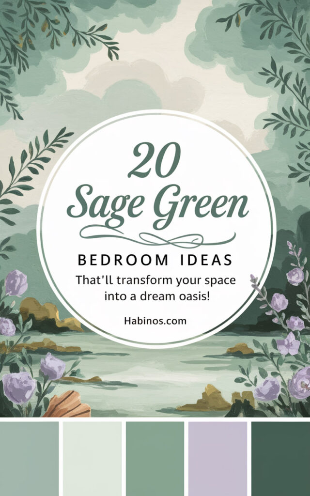 Illustration of a serene sage-green landscape with purple flowers and text reading, "20 Sage Green Bedroom Ideas." Includes a palette of soft green and lavender hues below.