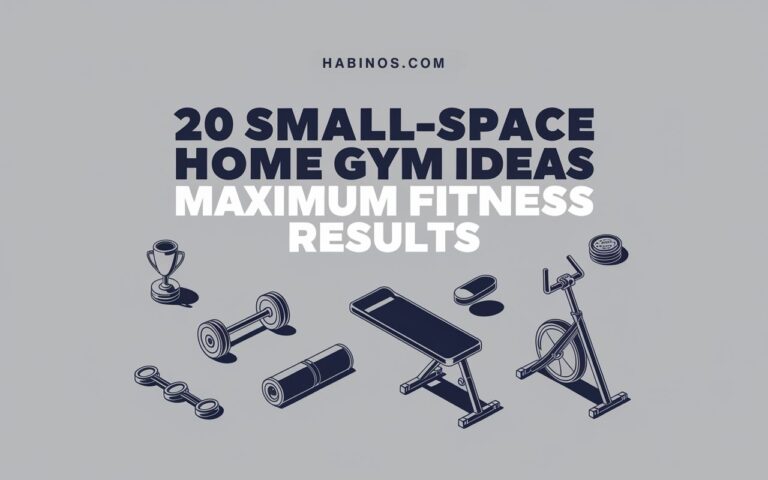 "Gray background with text: '20 Small-Space Home Gym Ideas for Maximum Fitness Results.' Illustrations of gym equipment, including a bike, bench, weights, and a trophy, create a motivating and modern tone."