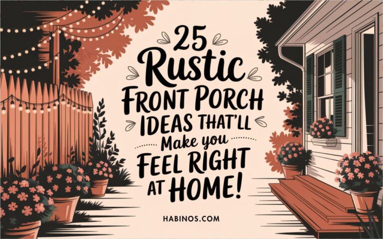 Text reads "25 Rustic Front Porch Ideas That’ll Make You Feel Right at Home!" set amidst a cozy porch scene with potted flowers, wooden bench, and string lights. Warm and inviting tone.