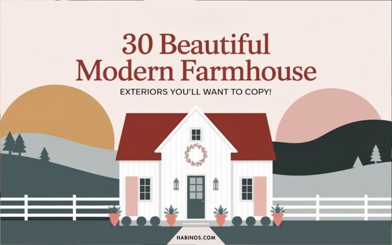 Illustration of a white farmhouse with a red roof, flanked by trees and hills at sunset. Text reads, "30 Beautiful Modern Farmhouse Exteriors."