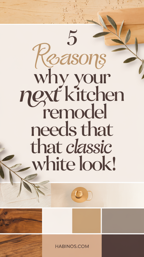 Text about kitchen remodeling over a neutral background with olive branches. Color swatches and wood textures evoke a classic, elegant tone.