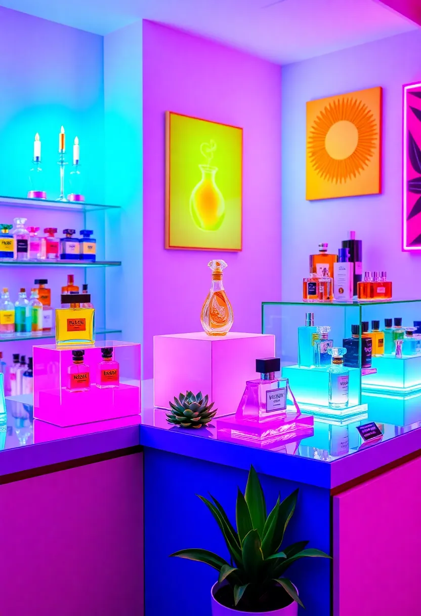 15 Stunning Perfume Counter Decor Ideas Inspired by Late 80’s Aesthetic (Get Inspired!) - 1. Colorful Acrylic Displays