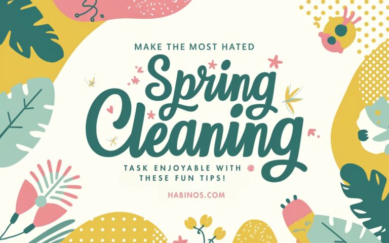 Playful spring cleaning graphic with bold, green text on a light background, surrounded by colorful leaf and flower illustrations, conveying a cheerful tone.