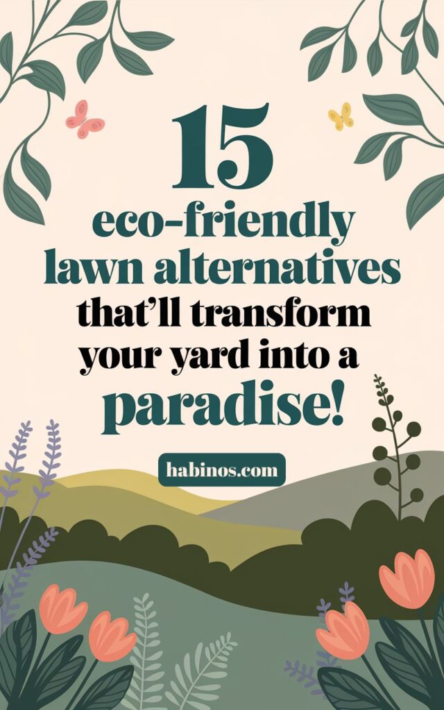Illustrated poster with the text "15 eco-friendly lawn alternatives that'll transform your yard into a paradise!" surrounded by plants and butterflies.