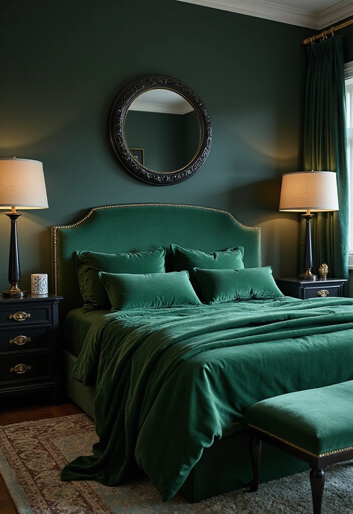 20 Elegant Black and Green Bedroom Designs That Will Make Your Heart Skip a Beat! - 1. Luxe Emerald Velvet