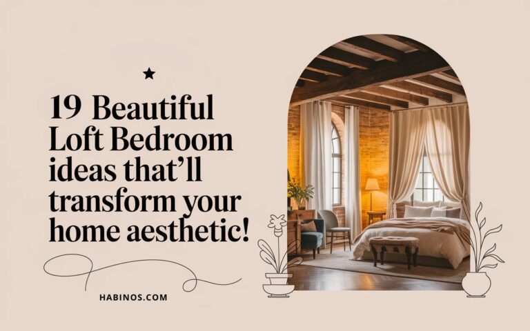 Elegant loft bedroom with arched window, exposed brick, wooden beams, soft lighting, and cozy decor. Text: "19 Beautiful Loft Bedroom Ideas." Habisnos.com.