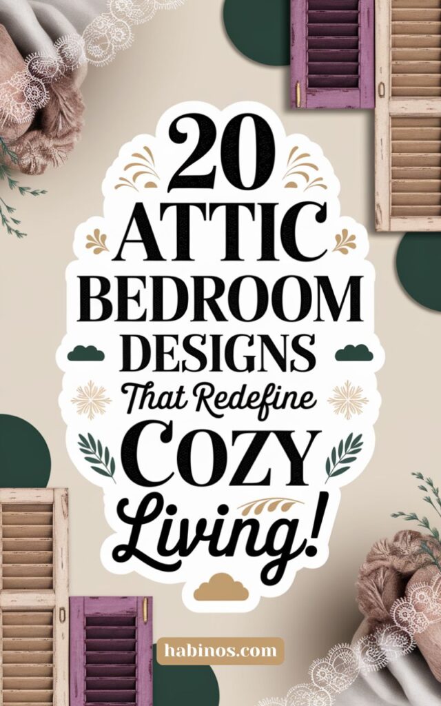 Text reading "20 Attic Bedroom Designs That Redefine Cozy Living!" surrounded by lace, shutters, and leaves. Warm, inviting tones suggest comfort.