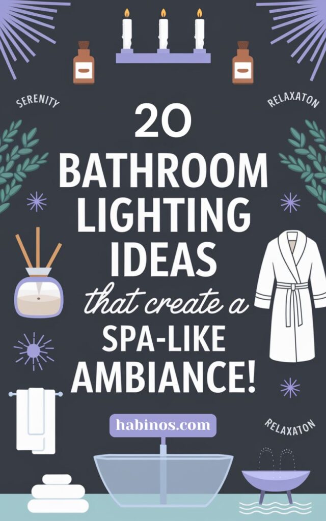 Image with the text "20 Bathroom Lighting Ideas that create a Spa-Like Ambiance!" surrounded by candles, essential oils, a bathrobe, and serene spa elements.