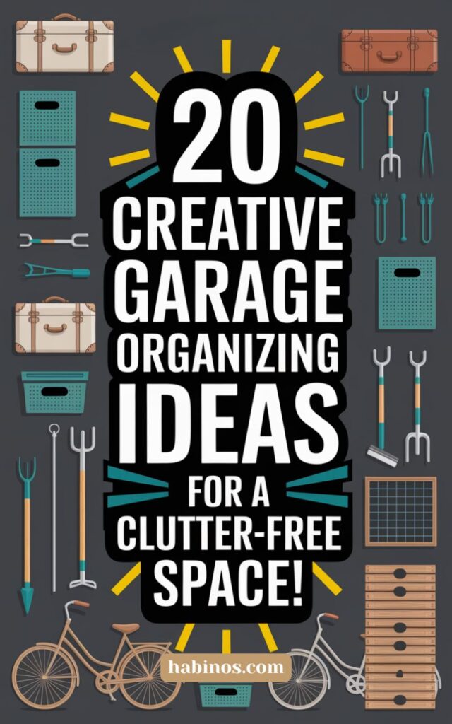 "Illustration with '20 Creative Garage Organizing Ideas' text in bold. Surrounding are tools, storage boxes, a bicycle, and drawers, conveying organization and efficiency."