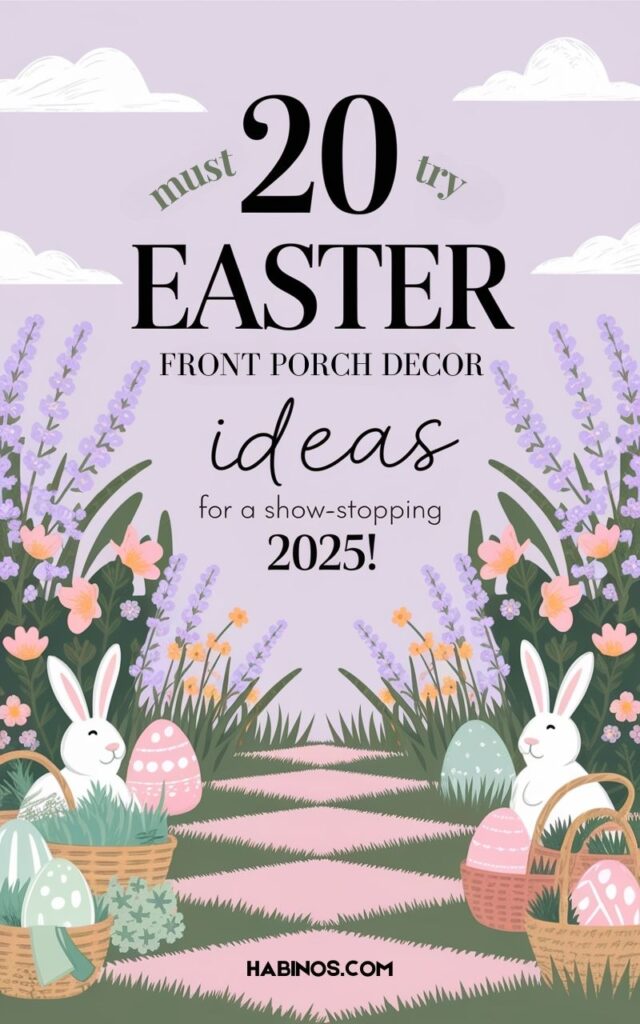 Easter-themed illustration with bunnies, decorated eggs, and flowers under a cloudy sky. Text reads "20 Easter Front Porch Decor Ideas for 2025!"