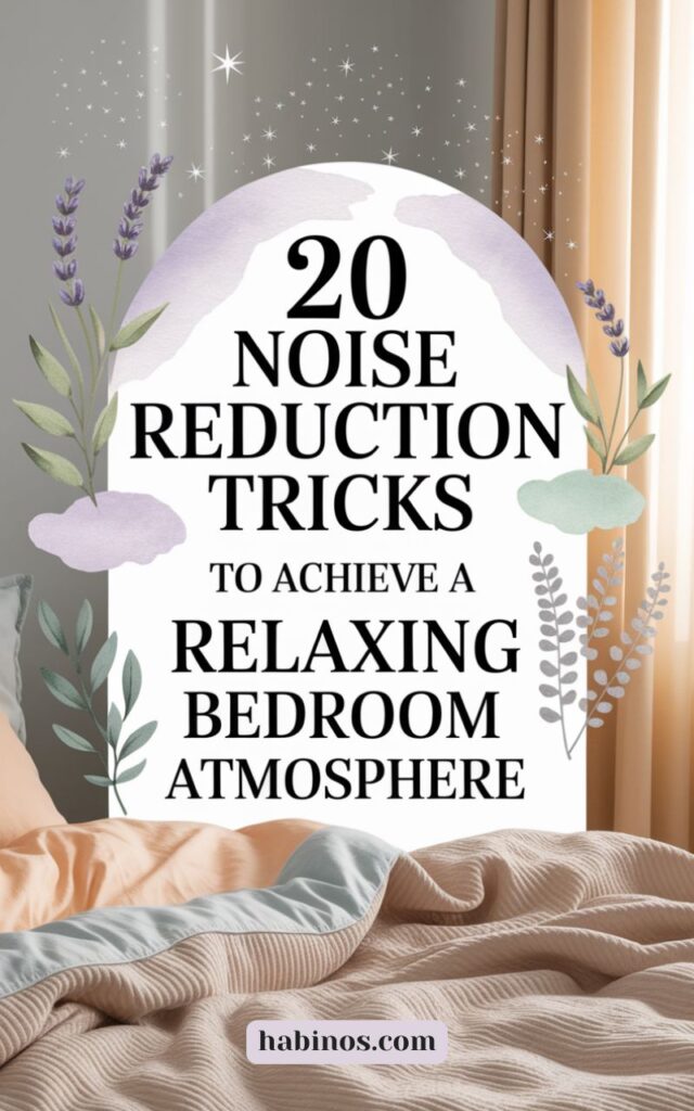 Text reads "20 Noise Reduction Tricks to Achieve a Relaxing Bedroom Atmosphere" over a soft, serene background with lavender, leaves, and stars.
