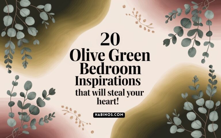 Text reads "20 Olive Green Bedroom Inspirations that will steal your heart!" with elegant eucalyptus leaves against a warm, earthy gradient background.