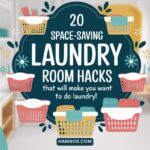Graphic promoting 20 space-saving laundry room hacks, with colorful laundry baskets, a playful tone, and text encouraging users to do laundry.