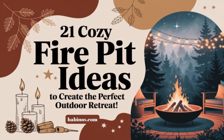 Illustration of a cozy fire pit with chairs in a forest setting under string lights. Text reads "21 Cozy Fire Pit Ideas." Warm, inviting atmosphere.