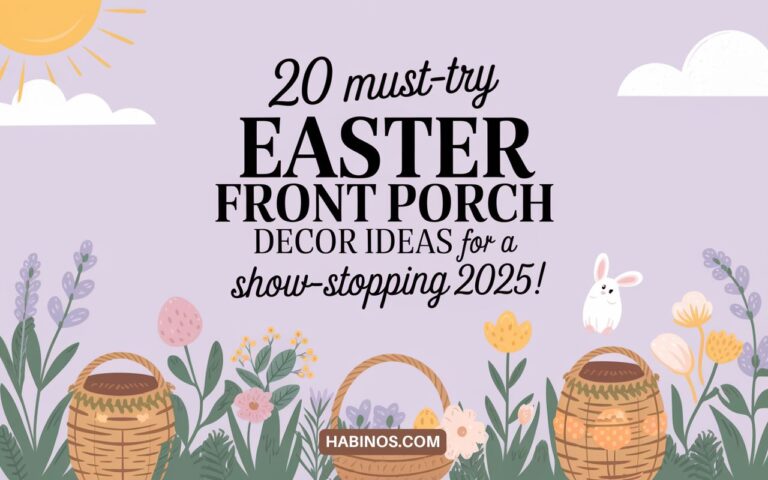 Purple background with text "20 must-try Easter front porch decor ideas for a show-stopping 2025!" Features baskets, flowers, a bunny, and sun.