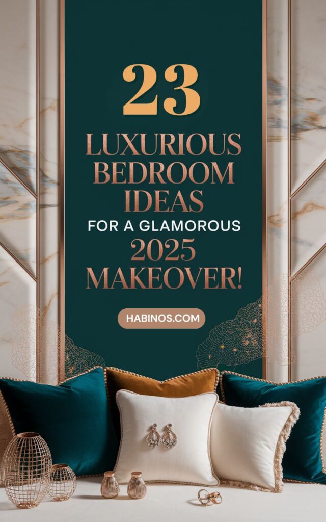 Elegant bedroom decor ideas ad in gold and teal tones. Features plush pillows, decorative vases, and jewelry, conveying luxury and sophistication.