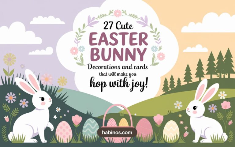 Illustration of two white bunnies beside colorful Easter eggs in a meadow. Text says "27 Cute Easter Bunny Decorations and Cards." Pastel flowers and trees.