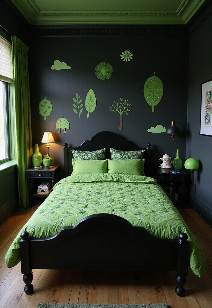 20 Elegant Black and Green Bedroom Designs That Will Make Your Heart Skip a Beat! - 19. Whimsical Wonderland