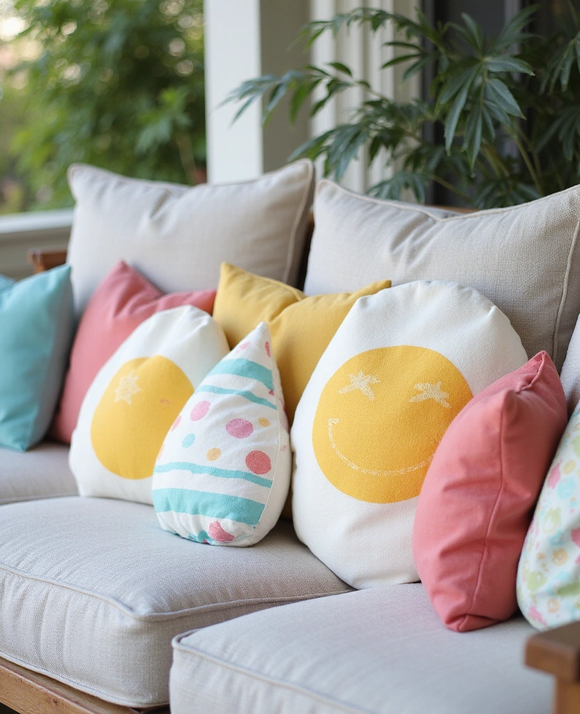 25 Must-Try Easter Front Porch Decor Ideas for a Show-Stopping 2025! - 14. Egg-Themed Pillows