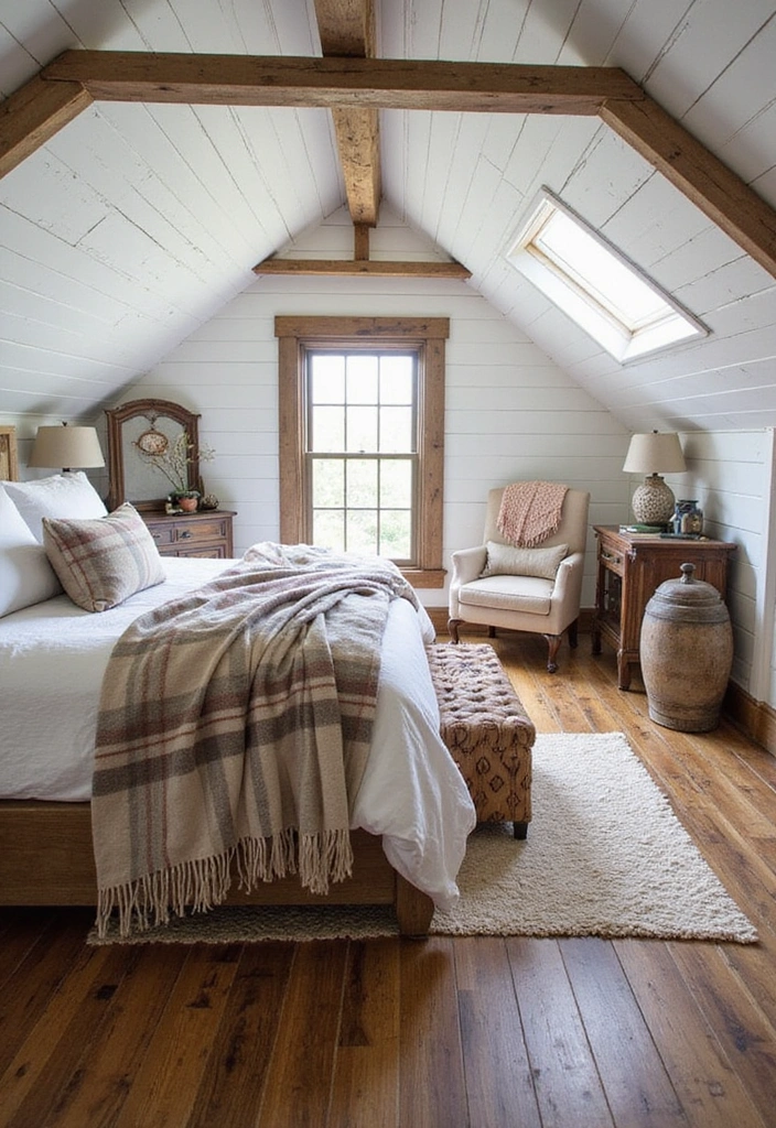 20 Attic Bedroom Designs That Redefine Cozy Living! - 17. Farmhouse Retreat