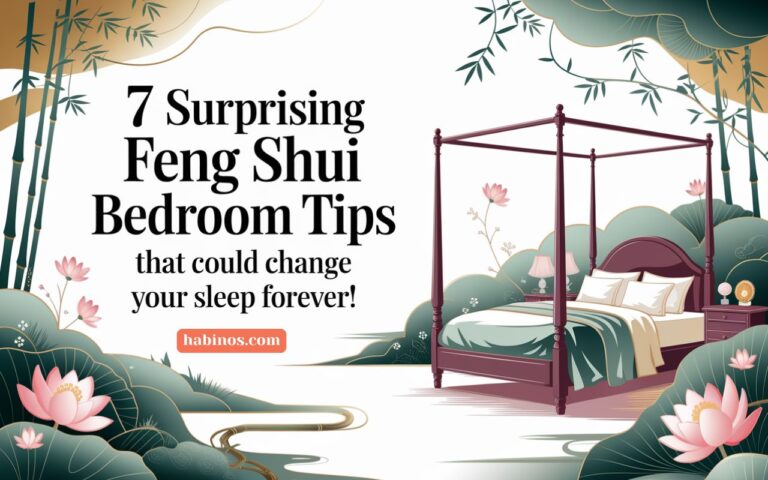 Stylized image of a serene bedroom with bamboo and lotus flowers, featuring text: "7 Surprising Feng Shui Bedroom Tips that could change your sleep forever!"