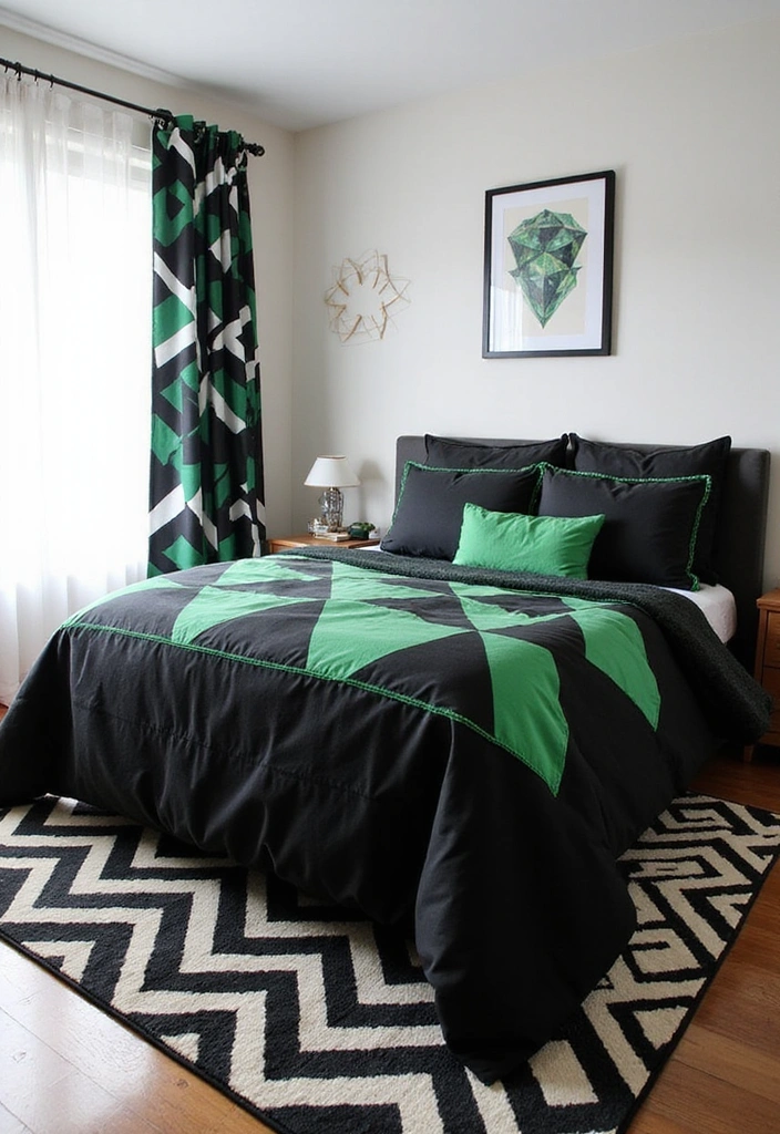 20 Must-See Black and Green Bedroom Ideas for a Chic Look! - 16. Geometric Patterns