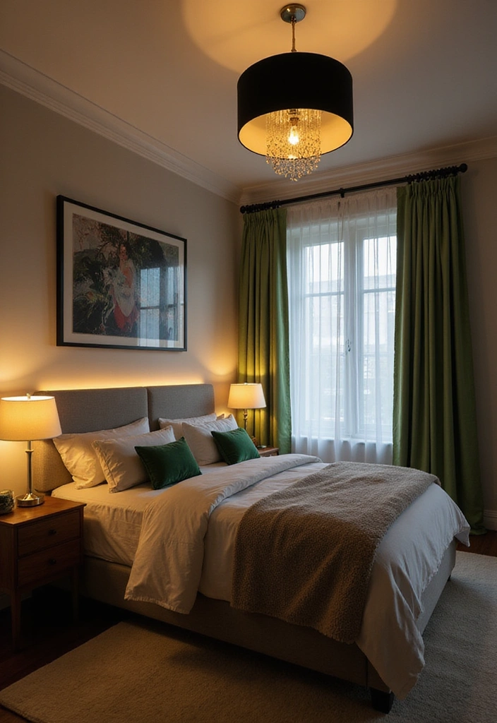 20 Must-See Black and Green Bedroom Ideas for a Chic Look! - 11. Layered Lighting