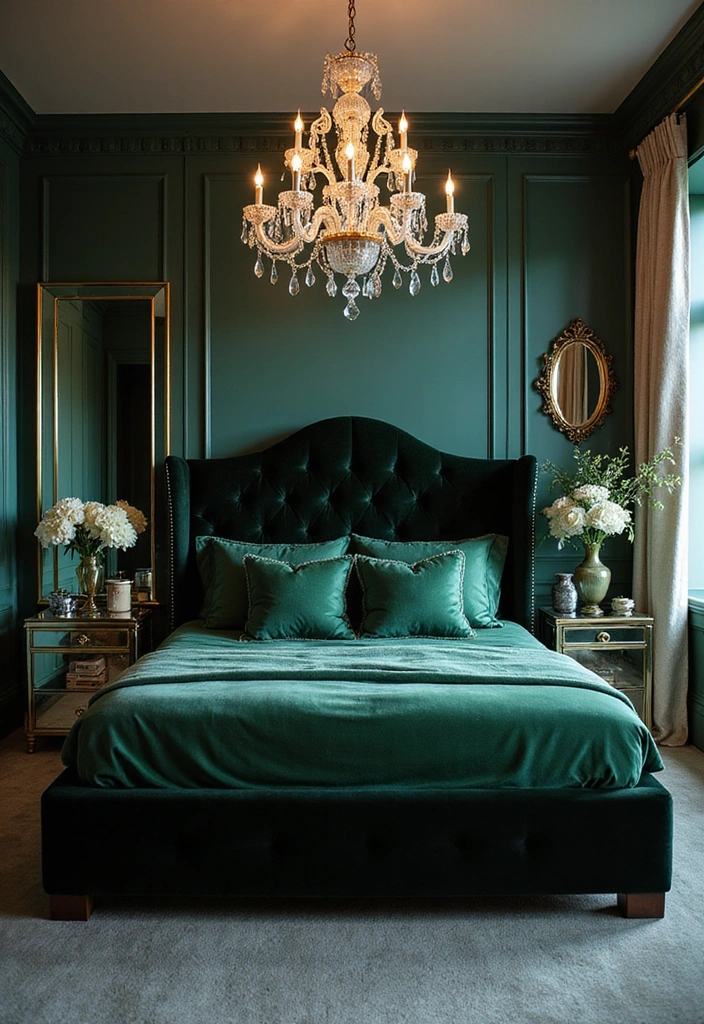 20 Elegant Black and Green Bedroom Designs That Will Make Your Heart Skip a Beat! - 20. Sophisticated Glam